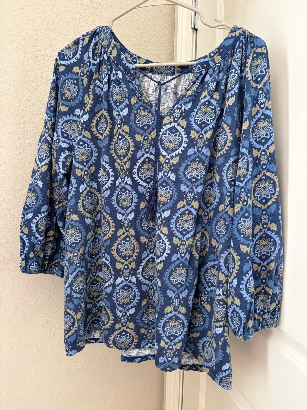 Women's Blue Patterned Boho Peasant Top